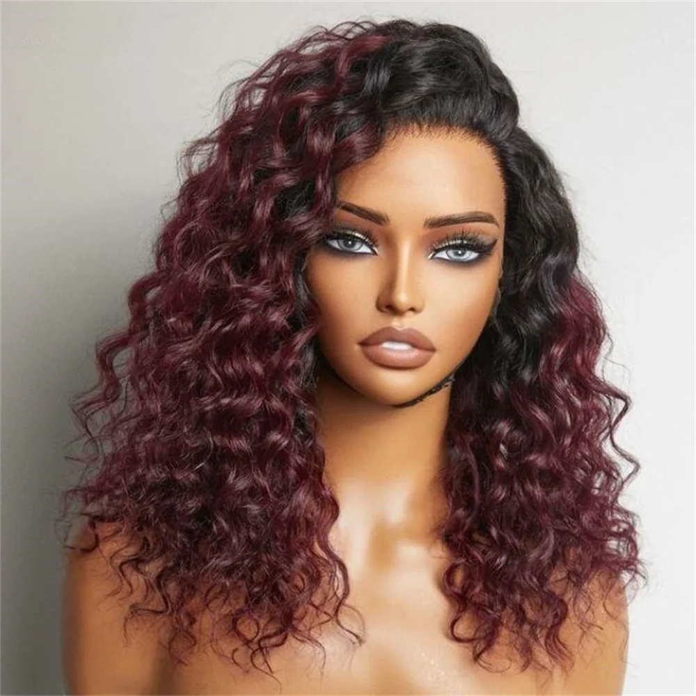 Perruque Lace Front Wig sans colle ombrée bordeaux, 24 pouces, cheveux crépus bouclés, doux, densité 180, baby hair, degré de chaleur, 03/pre-plucked, pour femmes