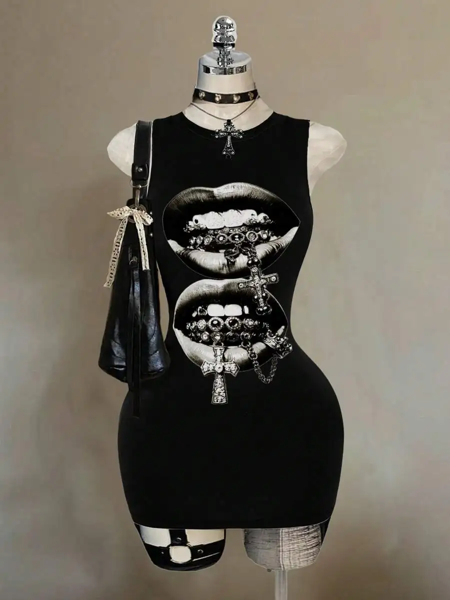 

Black Sleeveless Bodycon Dress With Lip Print And Cross Graphic Gothic Sexy Style