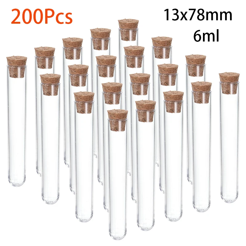 200 peças de tubos de ensaio de plástico com tampas, frascos transparentes com tampa de vedação, tubos de ensaio com rolhas de cortiça para contas de joias