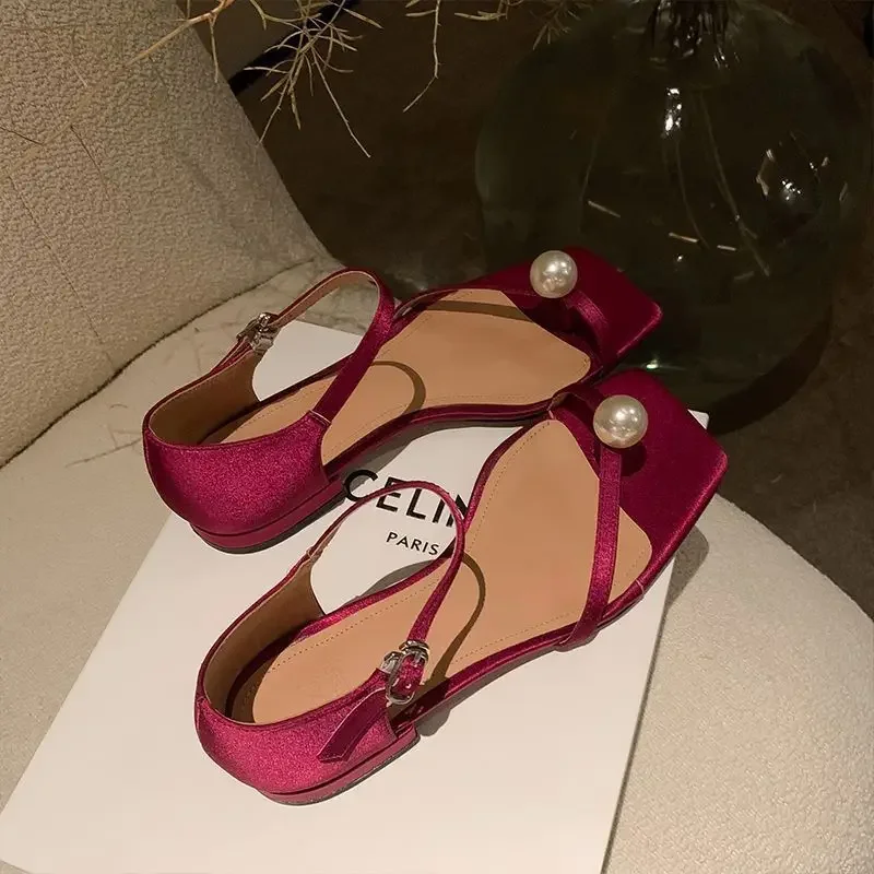 Römischer Stil, Sommer 2025, ein Wort, Strandsandalen für Damen, offene Zehenschnallen, Blockabsatz, Schuhe, rot, Outdoor, mit Riemen, Perle, H F