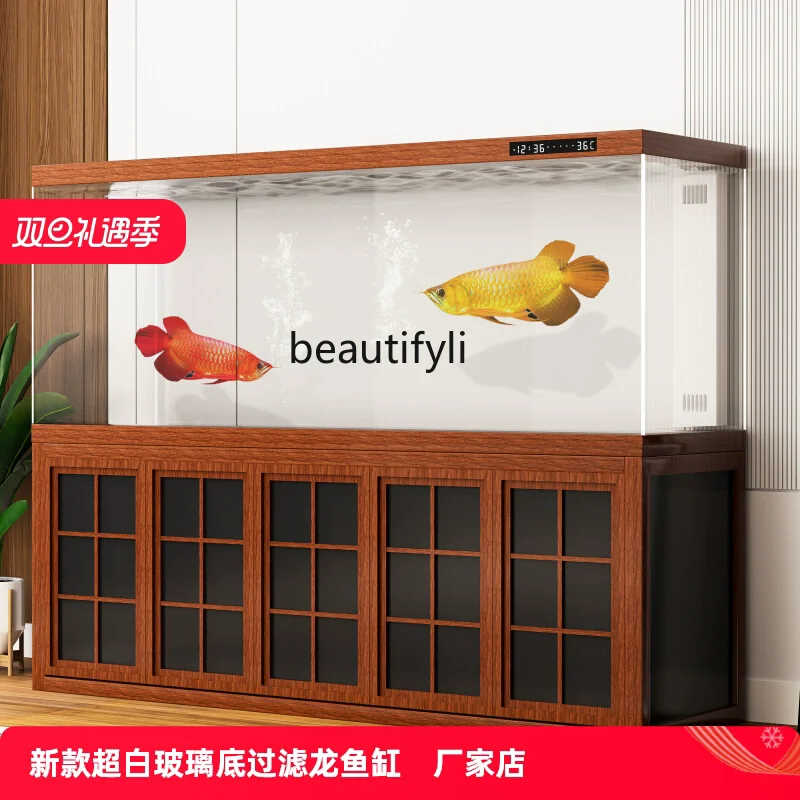 High-end light luxury Chinese arowana tank living room new no-change aquarium bottom filter ultra-white glass