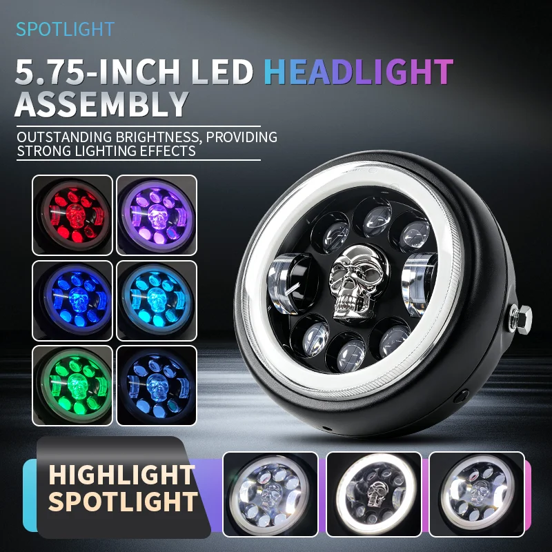 5.75-inch round LED motorcycle headlight with DRL and demon eye; suitable for Honda, Yamaha, Suzuki, and various custom models.