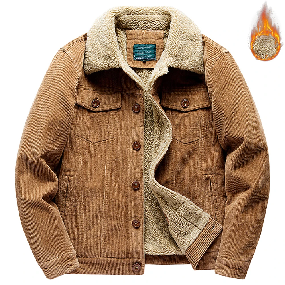 

Men's Corduroy Jacket Cotton Sherpa Lined Jacket Fleece Trucker Jacket Turn-Down Collar Jackets with 5 Pockets Warm Winter Coats