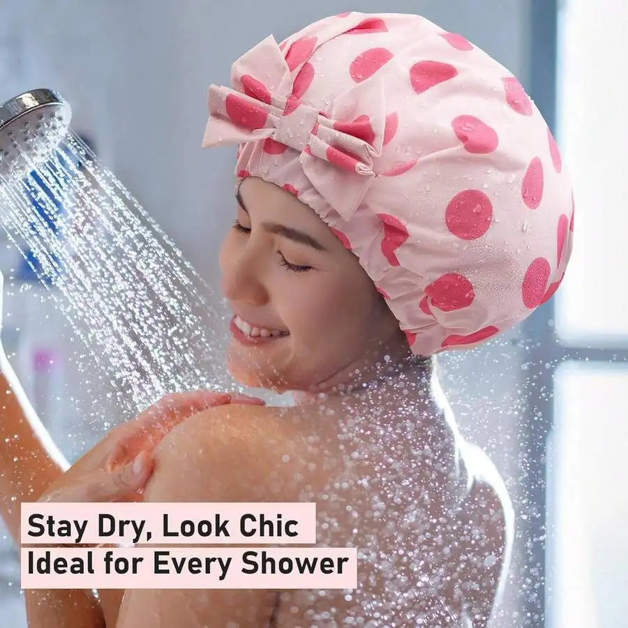 

Reusable Waterproof Shower Cap For Women Double Layered Large Hair Cap With Adjustable Elastic Non-Slip Quick Dry Pink Dots