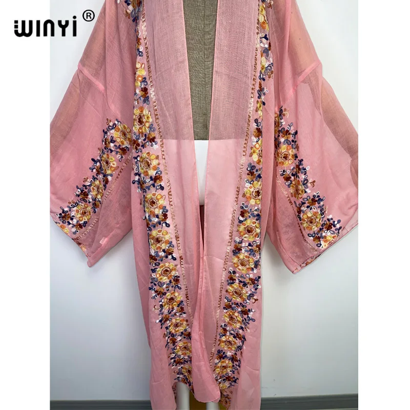 WINYI Embroidery Dress Beach Cover Up Bohemian All-match Sexy comfortable perspective home coat Elegant Holiday party Kimono