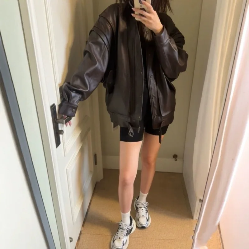 

Retro American Heavyweight PU Leather Jacket Women's Autumn Sweet Cool Spicy Oversize High-End Feeling Motorcycle Jacket