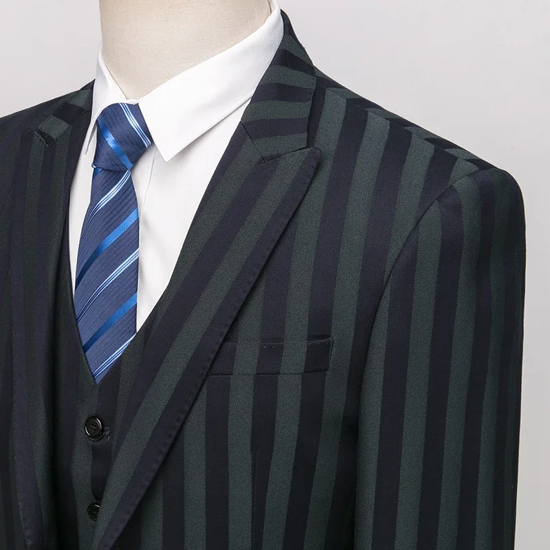 ( Blazer + Vest + Pants ) British Style Green Stripe Suit Groom Wedding Dress Men\'s Business Casual Formal Work Slim Suit