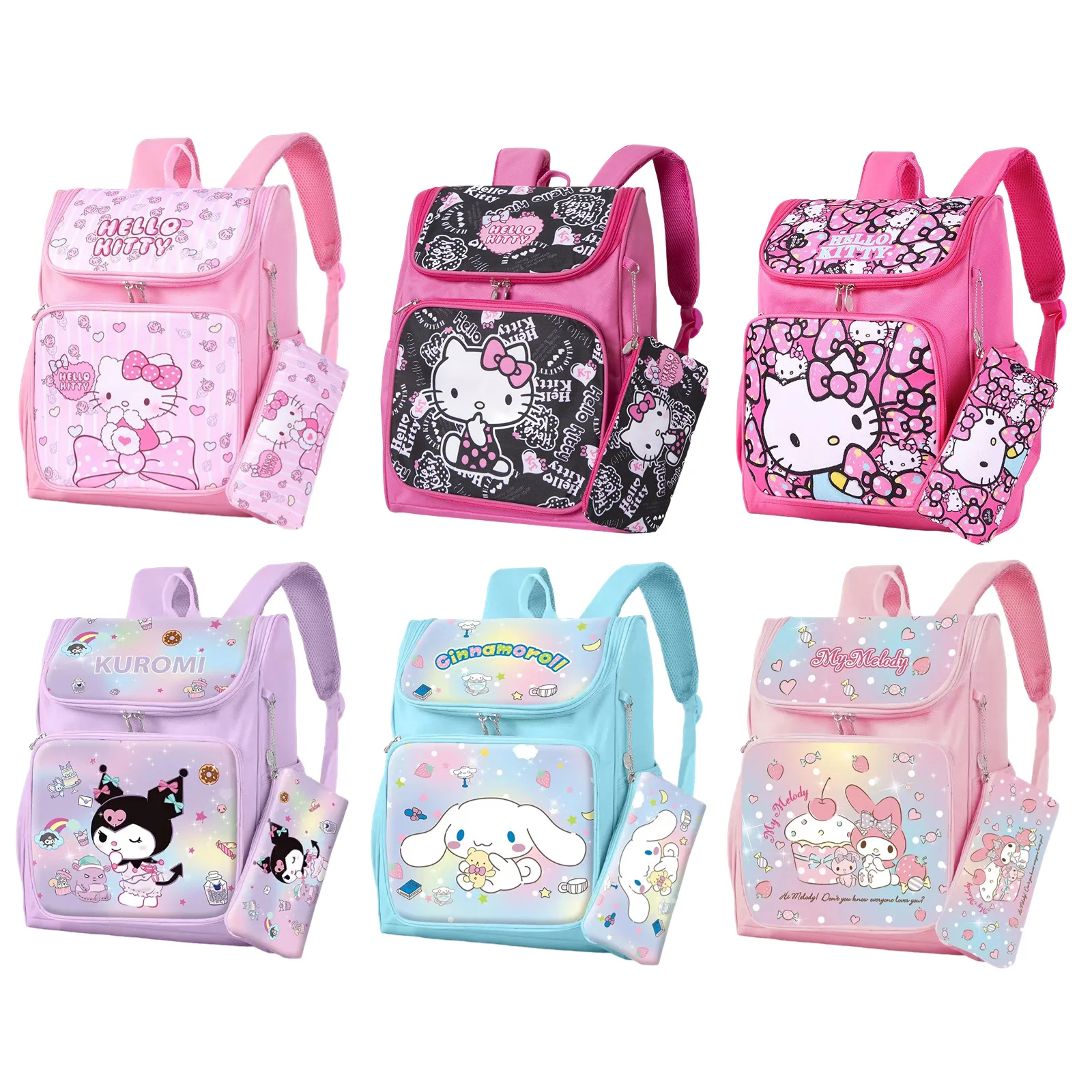 

kindergarten Students Simple Large Capacity Light Breathable School Bag Backpack with Pen Bag Girl Kawaii Hello Kitty Kuromi