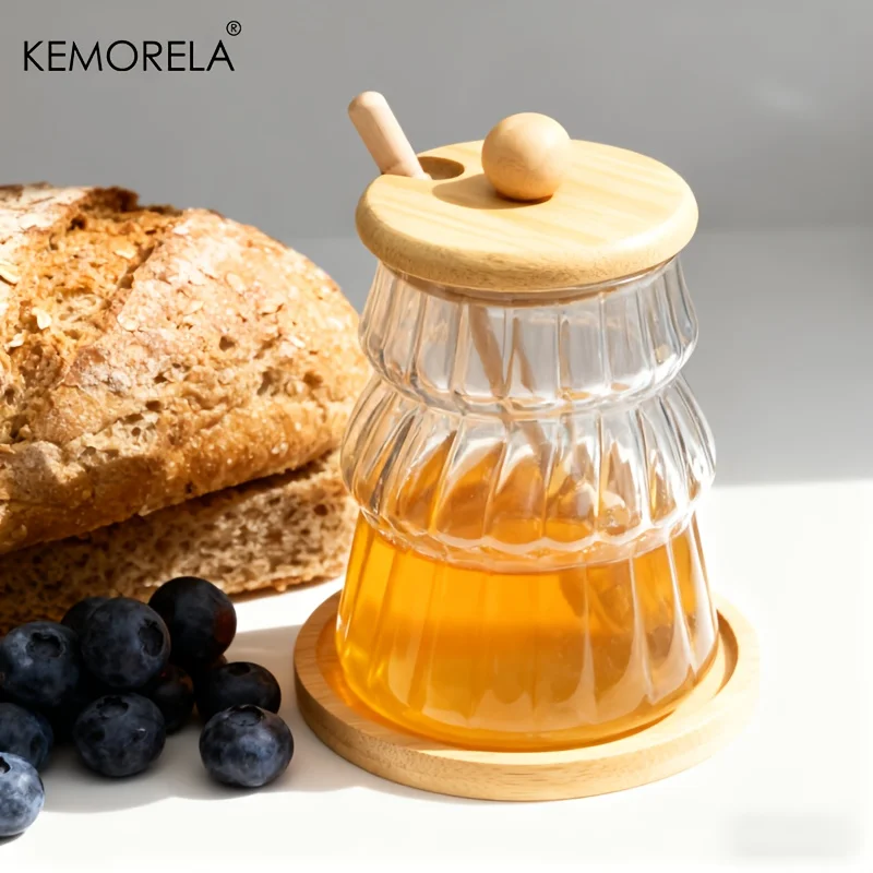 KEMORELA 1/2-teiliges Honigglas-Set mit Holzrührstab und Deckel, Glasbecher für die Aufbewahrung von Sirup im Haushalt