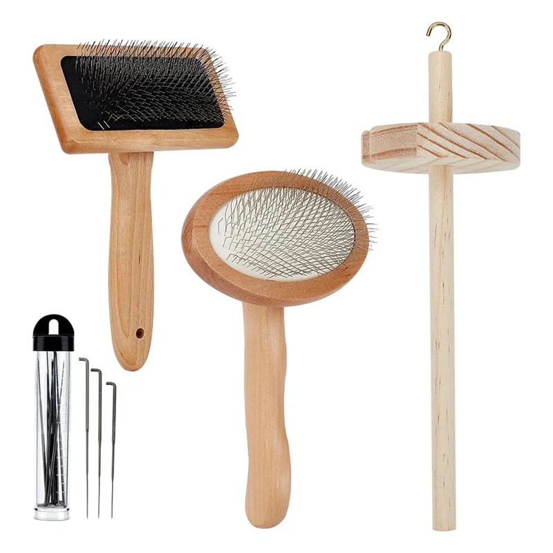 AT35 4Pcs Wooden Wool Carder,Slicker Brush Wood Spinning-Tool Felting Tool Kit With 12Pcs Craft Wool Needle For Yarn Blending