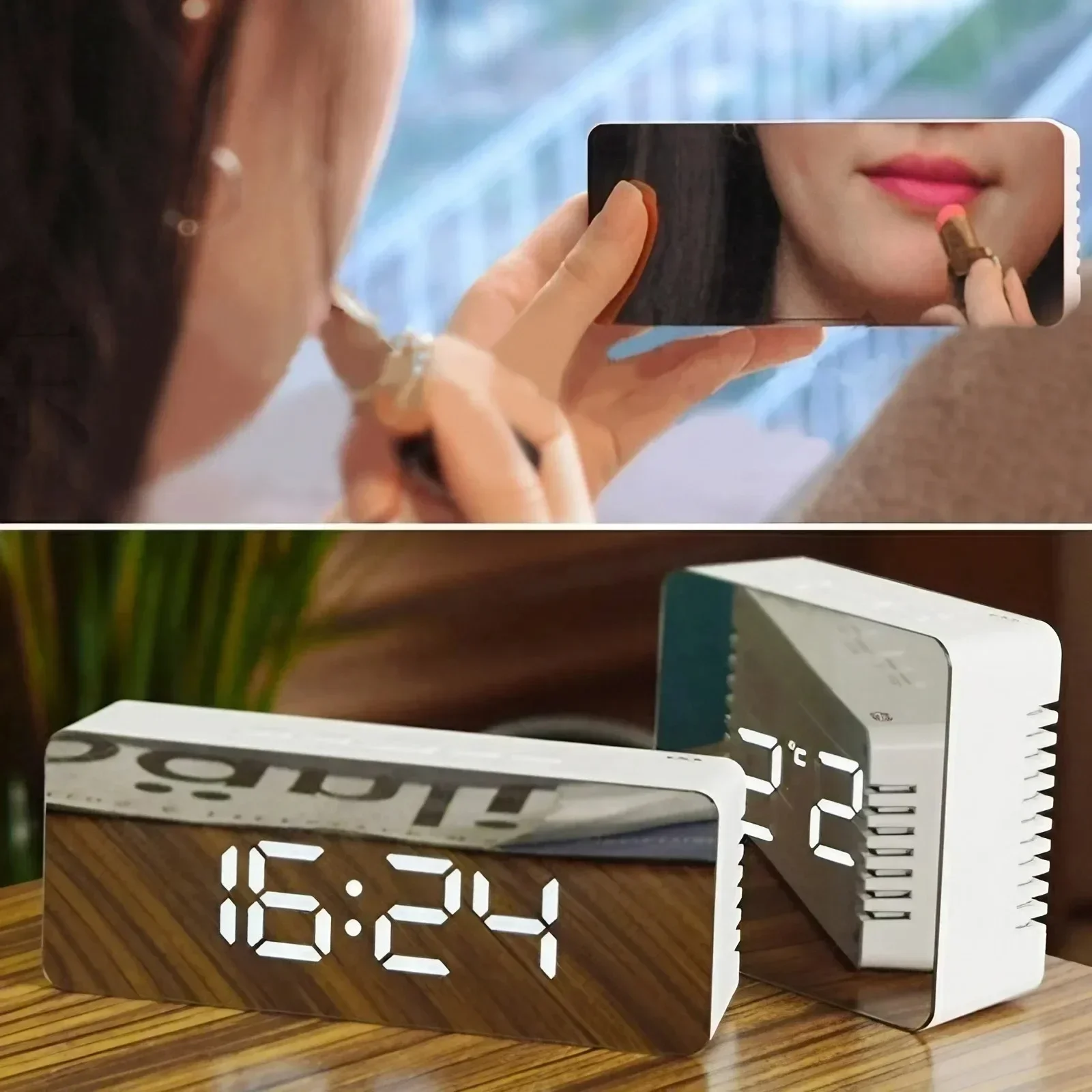 Mirror LED Digital Alarm Clock with Temperature Display and Smart Night Light for Bedroom, Makeup Vanity and Office Use