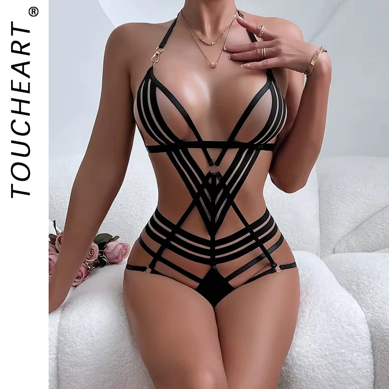 

Toucheart Hollow Sexy Bodysuit For Women Bandage Halter Neck Crossover Bodysuit Backless Chain Patchwork Solid Color Underwear