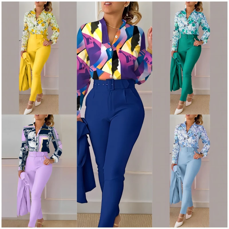 

Casual Long Sleeve Shirt Pants Set Office Lady Fashion Elegant V Neck Floral Print Trousers Two Piece Set Women Outfit 2023