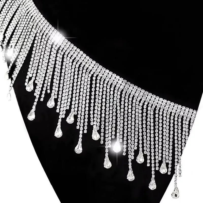 1 Yard AB Rhinestone Tassel Pen Lace Chain Glass Crystal Strass Sewn On Dress Wedding Accessories Ribbon Necklace Decoration DIY