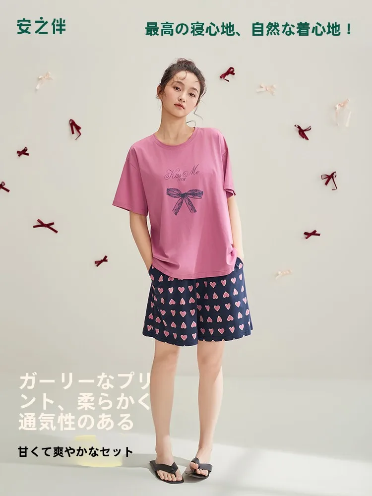 anziban-pure-cotton-sleepwear-set-with-chest-pad-women's-summer-knot-print-short-sleeve-shorts-home-clothes-outwear