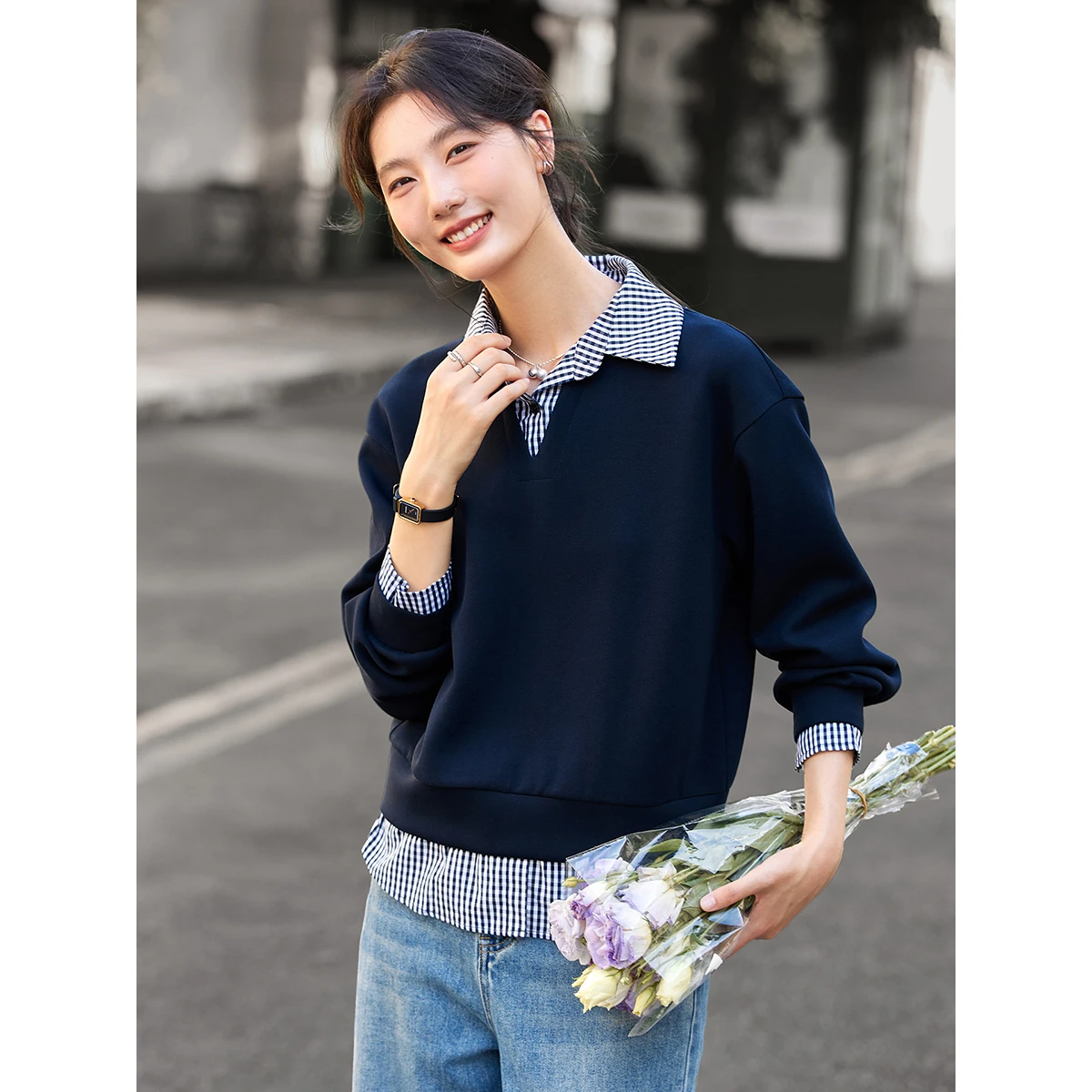 VIMLY Adrette Gefälschte Zwei-Stück Sweatshirt Frauen 2025, Herbst Pendeln Pullover Mode Drehen-unten Kragen frauen Kleidung a2068