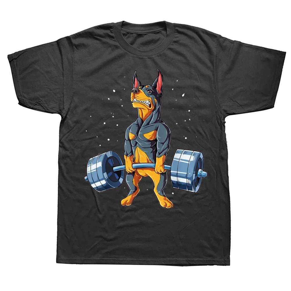 Doberman Dog Weightlifting Funny Deadlift Gym T Shirts Graphic Cotton Streetwear Short Sleeve Birthday Gift Summer Style T-shirt