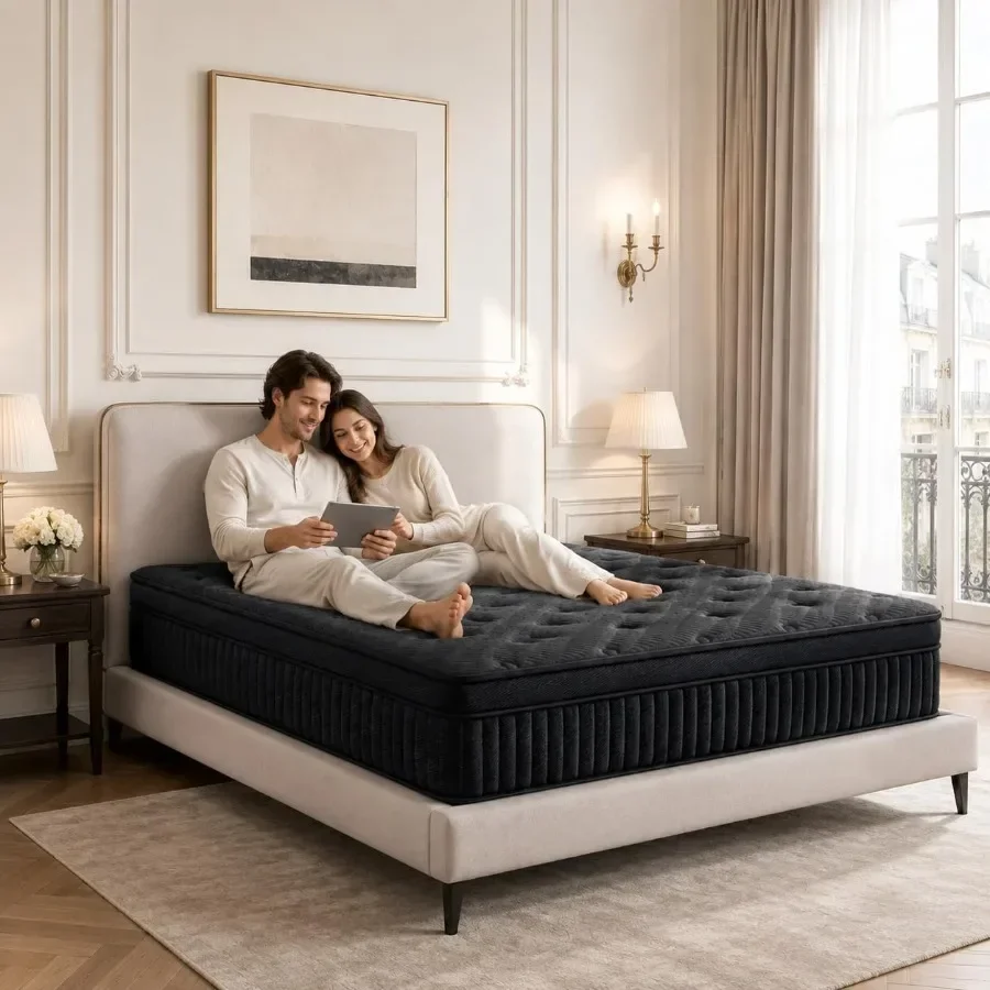 12 Inch Queen Mattress, Hybrid Mattresses in a Box, Cooling Gel‑Infused Memory Foam and Individual Pocket Coils, Pressure Relie