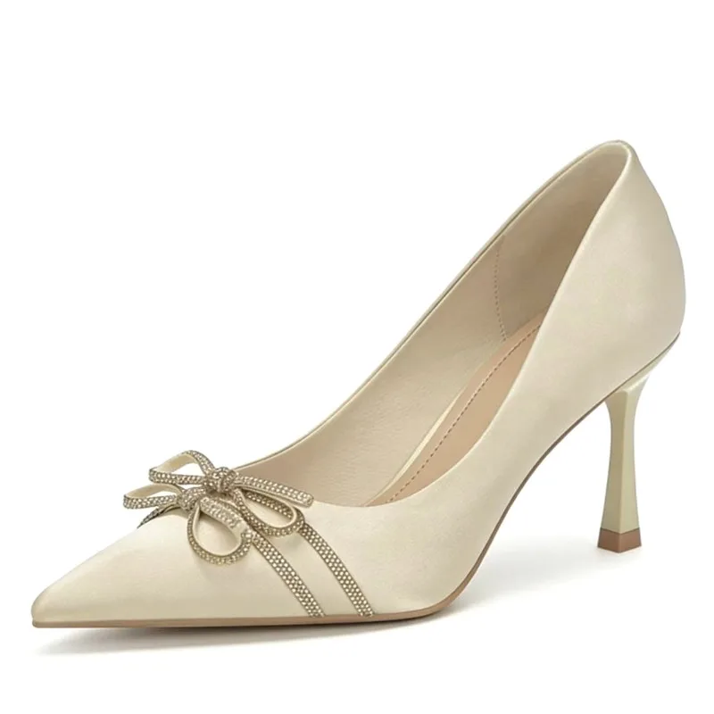 

Rhinestone Bow Satin Sexy High Heels Women Luxury Party Wedding Dress Ladies Shallow 2026 New Pointed Toe Designer Women Pumps