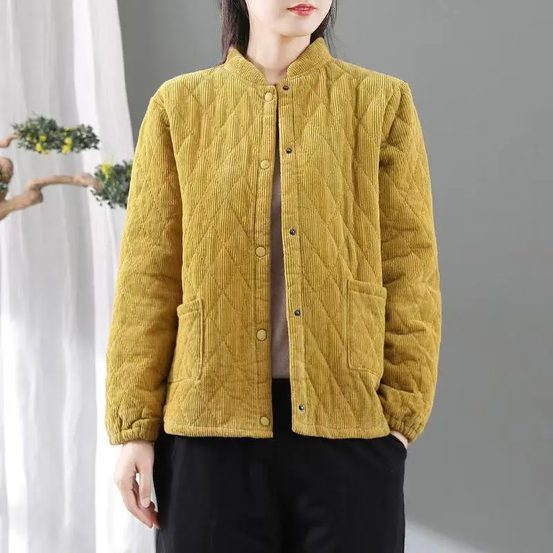 ผ้าฝ้ายผู้หญิง Coat Parka Retro Corduroy Coat Cotton Stand Up Collar ฤดูใบไม้ร่วงฤดูหนาวแจ็คเก็ตอุ่นสั้นผ้าฝ้าย Overcoat