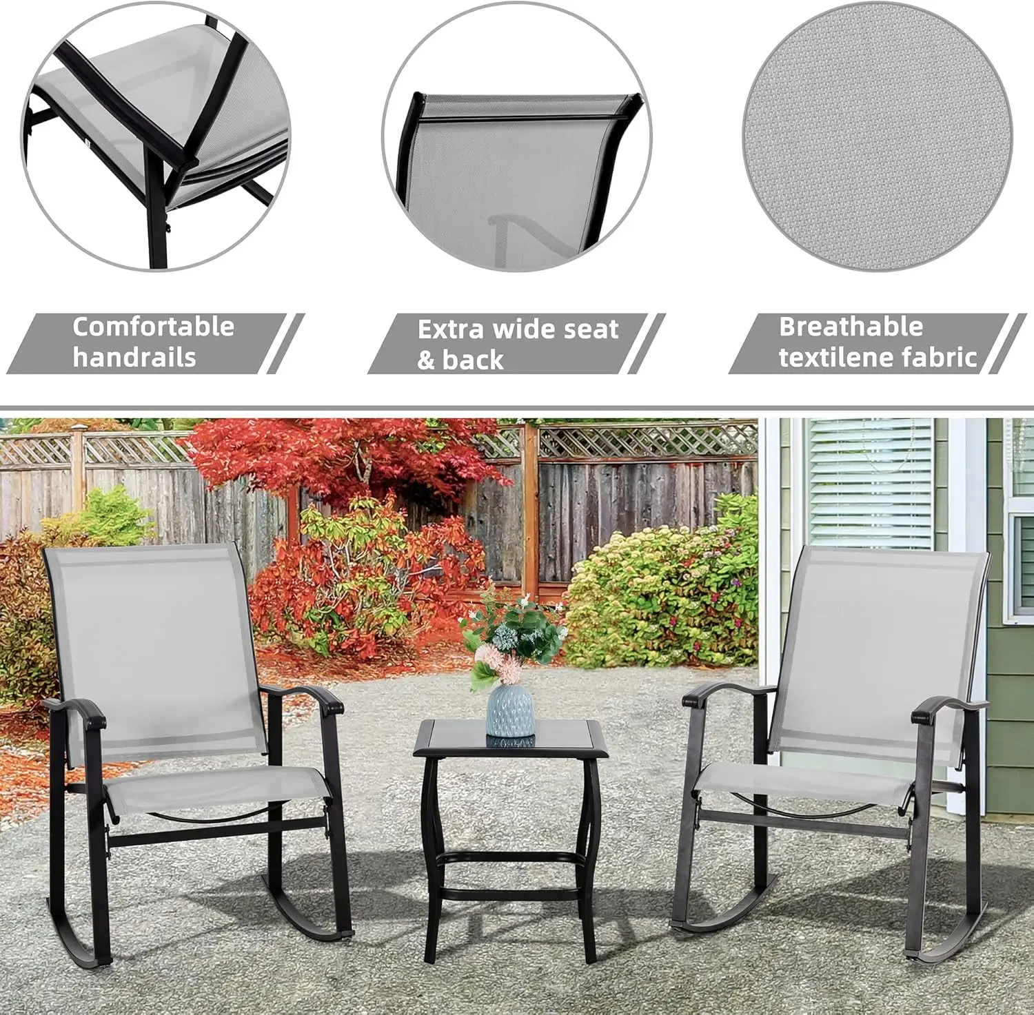 3 Piece Outdoor Rocking Bistro Set, Front Porch Rocker Chairs Conversation Set with Glass Table for Lawn, Garden, Balcony