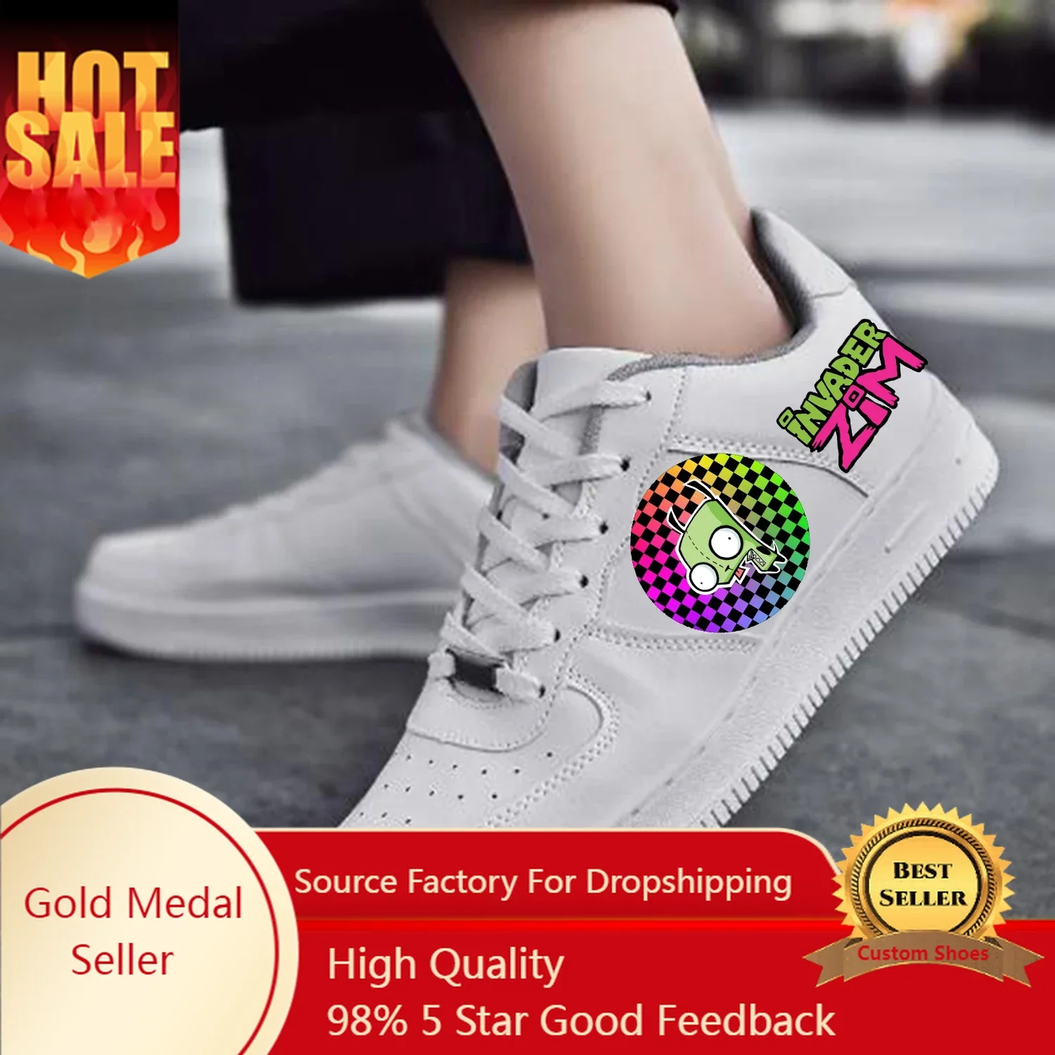 

Hot Animation Invader AF Basketball Cartoon Zim Mens Womens Teenager Sports Run Flats Force Sneakers Lace Up Mesh Custom Shoes