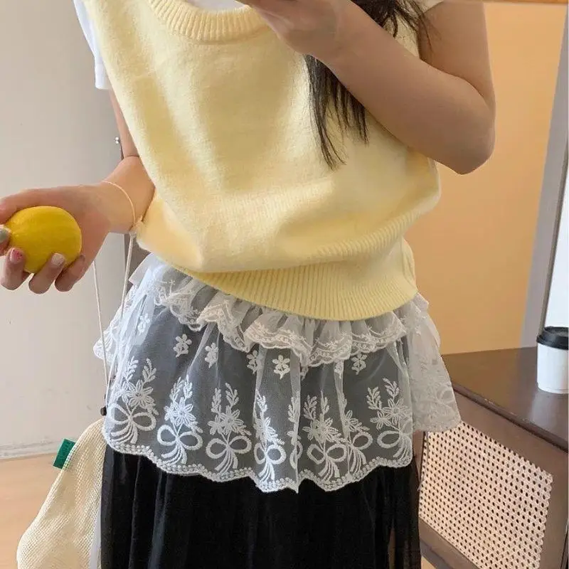 

Белая кружевная юбка Harajuku Y2k, корейская цельная кружевная юбка с поясом, фартук, юбка трапециевидной формы, кружевная многослойная газовая юбка с завязками