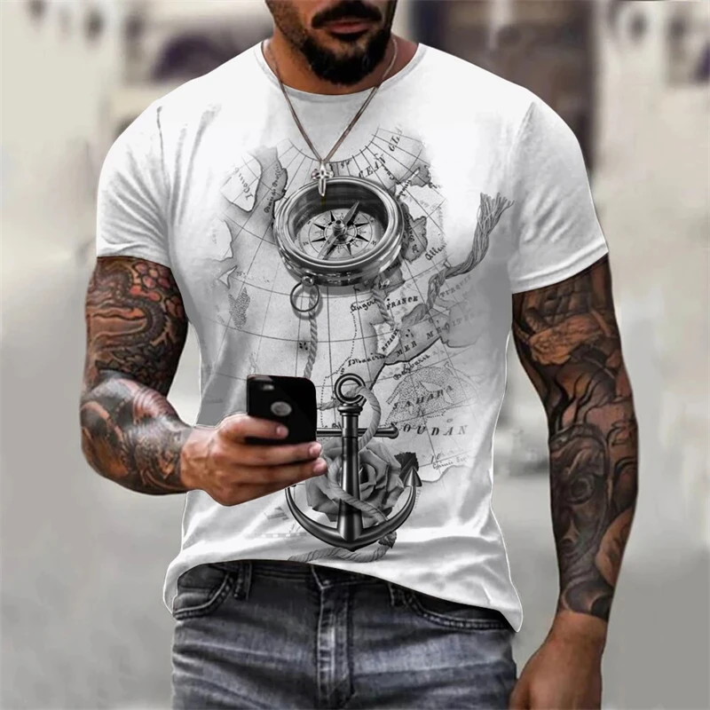 Retro Clock Compass Printed T-shirt For Men Summer Fashion Street Leisure Tee Shirt Short Sleeves O-neck Oversized Tees Top