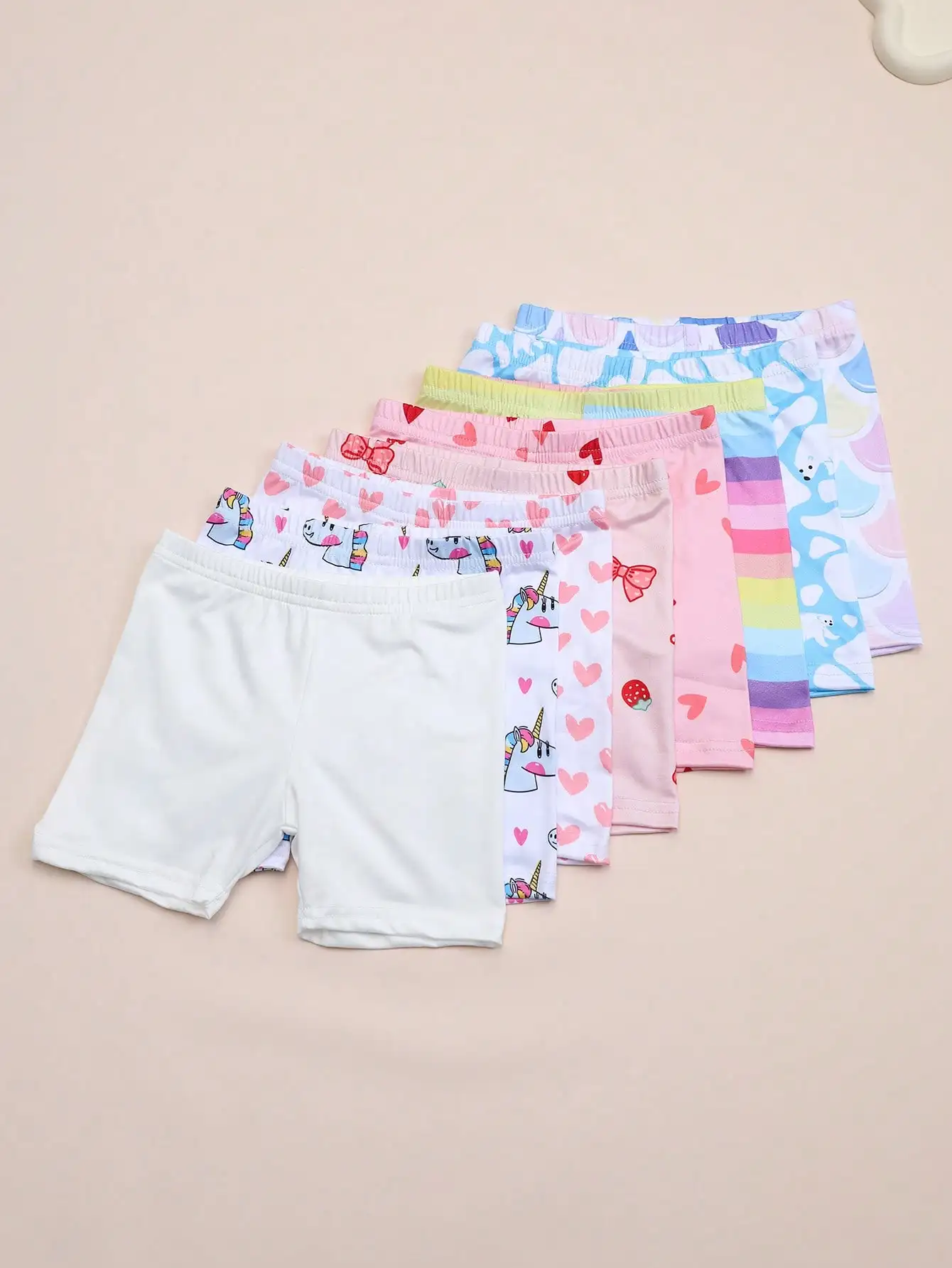 8Pcs Kid Girl Casual Multi-Print Summer Shorts 5 Point Biker Shorts Solid Color Elastic Waist Soft Breathable Sports Bottoms