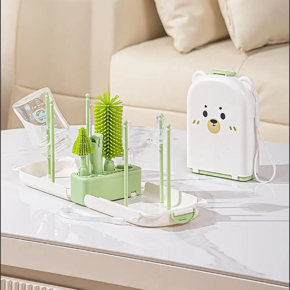 6-in-1 Baby Bottle Brush Set Space Saving Built-in Drain Rack Bottle Cleaner Brush Portable Drying Rack Cup Brush