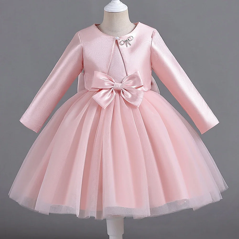 autumn-winter-children's-clothes-festival-girls-satin-dress-coat-2-pcs-solid-cute-bow-formal-kids-sets