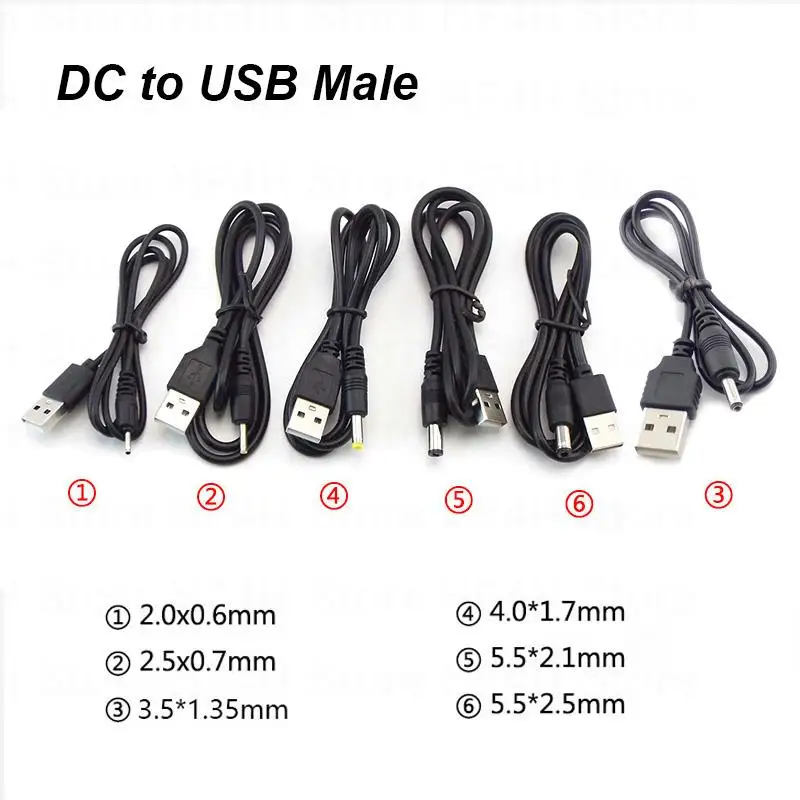 Type A USB Male Port To DC 5V 2.0*0.6mm 2.5*0.7mm 3.5*1.35mm 4.0*1.7mm 5.5*2.1mm 5.5*2.5mm Plug  Jack Power Cable Connector B4