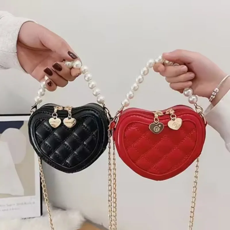 

Sweet Pearl Handle Girls Mini Shoulder Messenger Bag Princess Wallet Coin Purse Cute Children's Heart-shaped Crossbody Bags