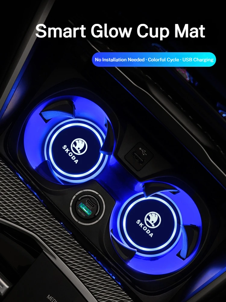 7 Color Car Changing LED Cup Holder Lights Rear Windshield Decorative Ambient Lighting For Skoda Superb Kamiq Kodiaq Octavia 2 3