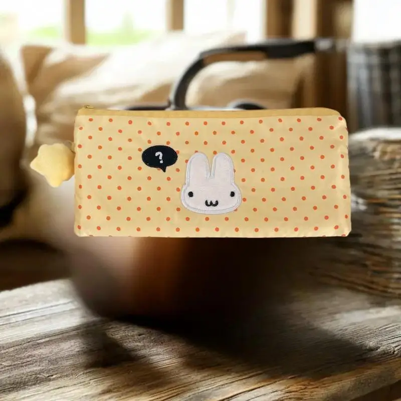 Pack Multi-purpose Milk Yellow Polka Dot Rabbit Pencil Case with Mesh Pockets and Large Capacity