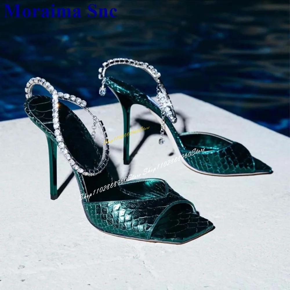 

Luxury Green Snake Skin Crystal Chain Sandals Thin High Heel Women Shoes Ankle Buckle Strap Peep Toe 2024 Zapatos Para Mujere