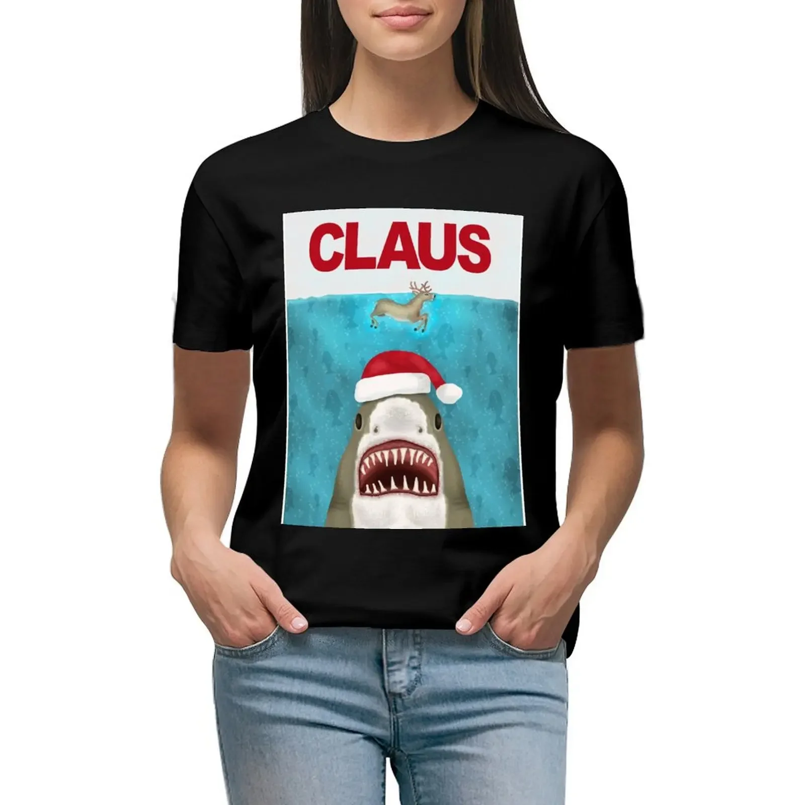 

Funny Christmas Santa Claus Shark Reindeer Humor T-Shirt korean fashion cute clothes anime Short sleeve tee Woman fashion