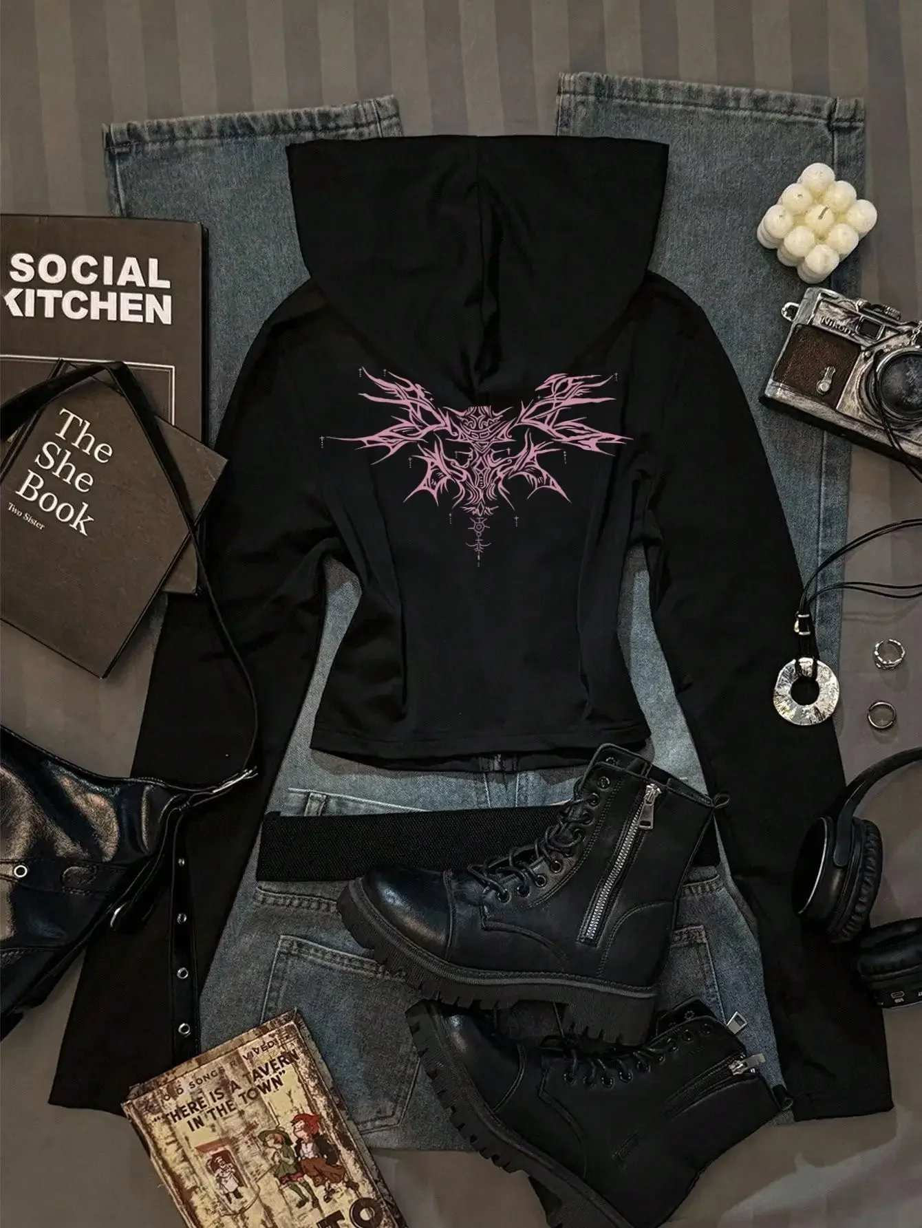 New minimalist casual women's wear printed solid color fitted hooded sweatshirt T-shirt, autumn, zipper cardigan pattern