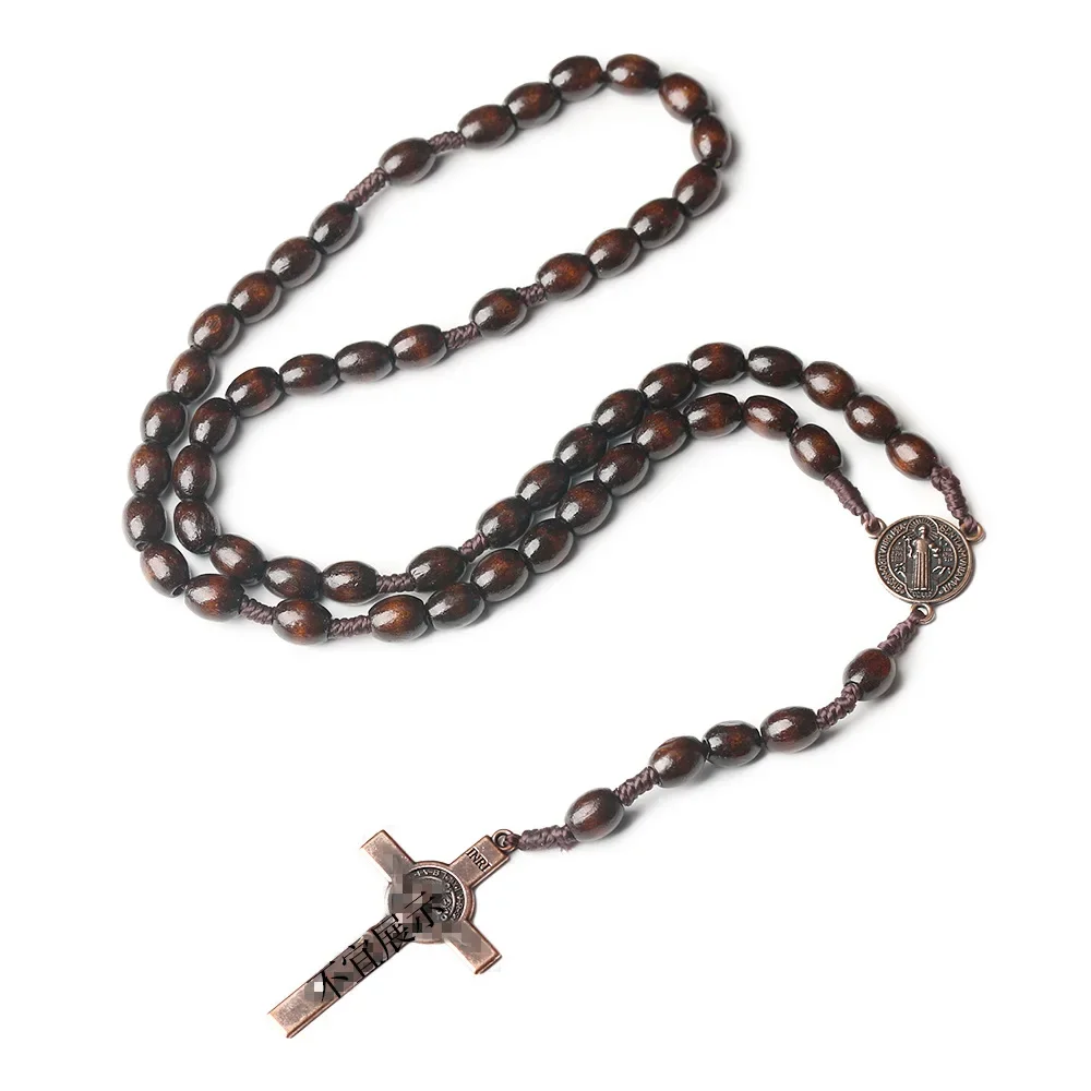 

Christ Jesus Wooden Beads Rosary Bead Cross Car Pendant Woven Rope Chain Necklace Religious Orthodox Praying Jewelry