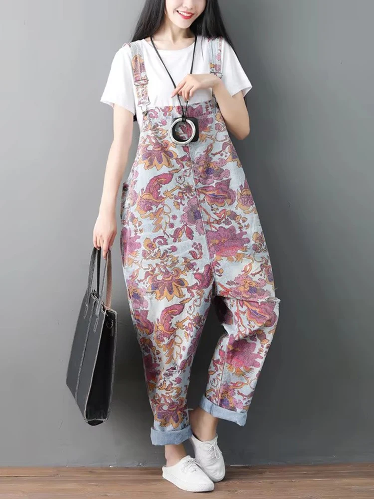 AmaxluluE Sommer Britischen Designer Weibliche Gedruckt Vintage Overalls Frauen Floral Lose Denim Pantalons Weibliche Übergroße Hosen