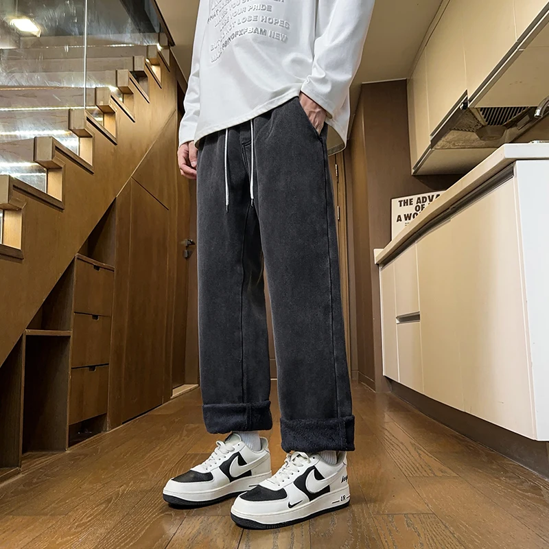 겨울 두꺼운 남성용 스트레이트 진 단색 패션 플리스 따뜻한 바지 클래식 벨벳 루즈 데님 팬츠 남성용 S-5XL