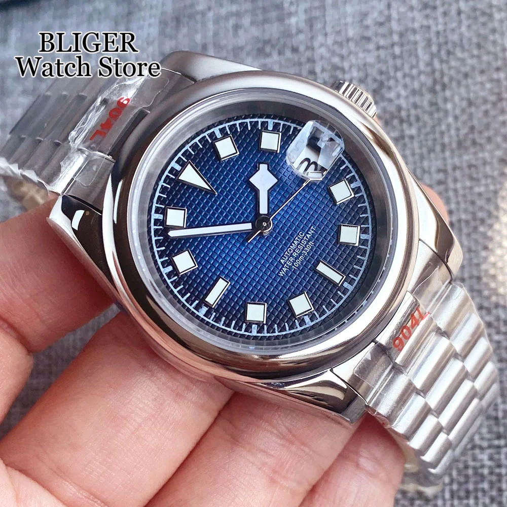 BLIGER 36mm 39mm NH35A Blue Black Mechanical Watch Men Sapphire Glass Lume Mark Silver Polished Case Wristwatch Steel Bracelet