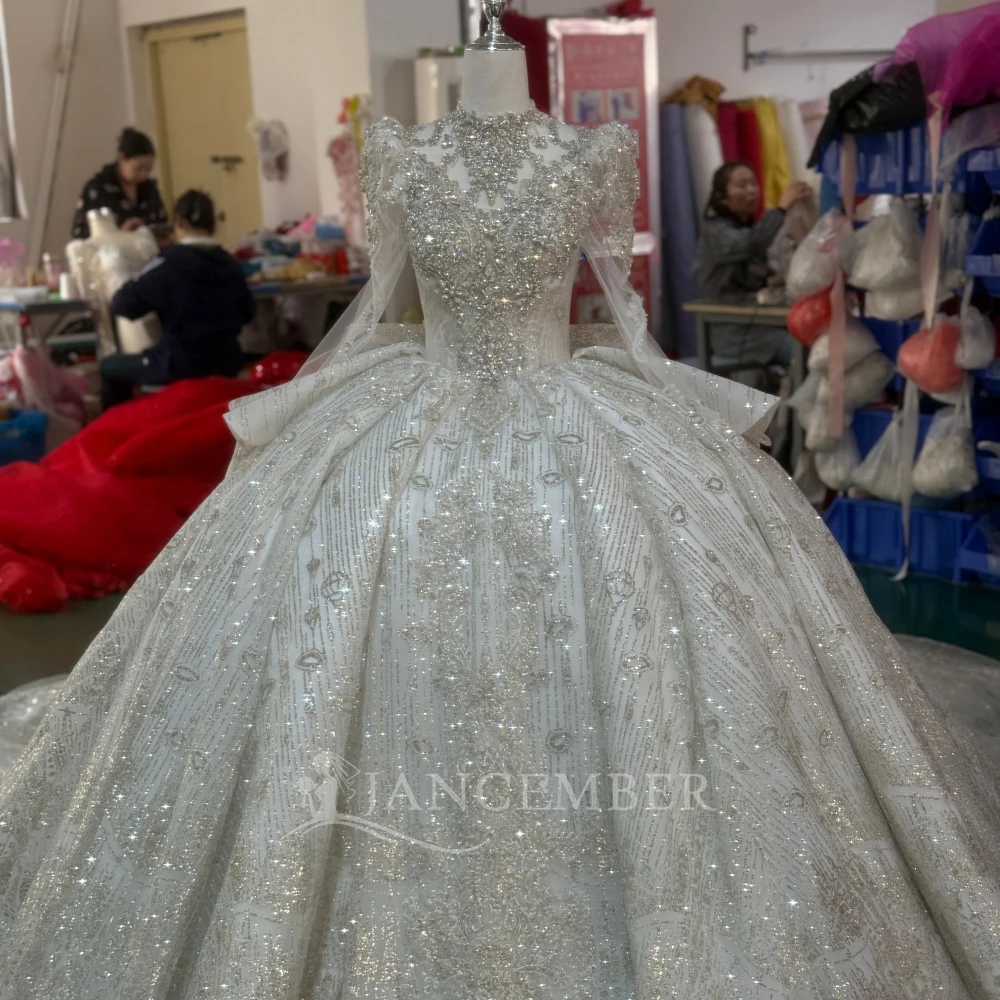 Gorgeous and Sparkling High Collar Princess Wedding Dress Long Sleeves Ruffles Bridal Ball Dress Customization vestido femininos