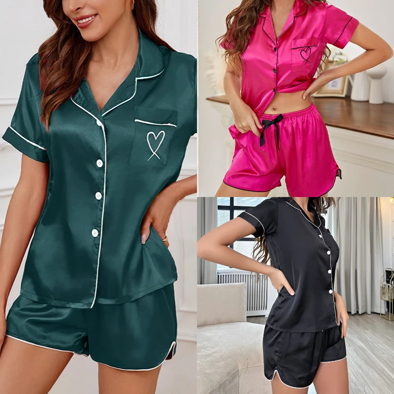 Ice Silk 2PCS/Set Pajamas Women Summer Short-Sleeved Solid Cardigan Large Size Pures Silk Love Embroidery Green Black Homewear