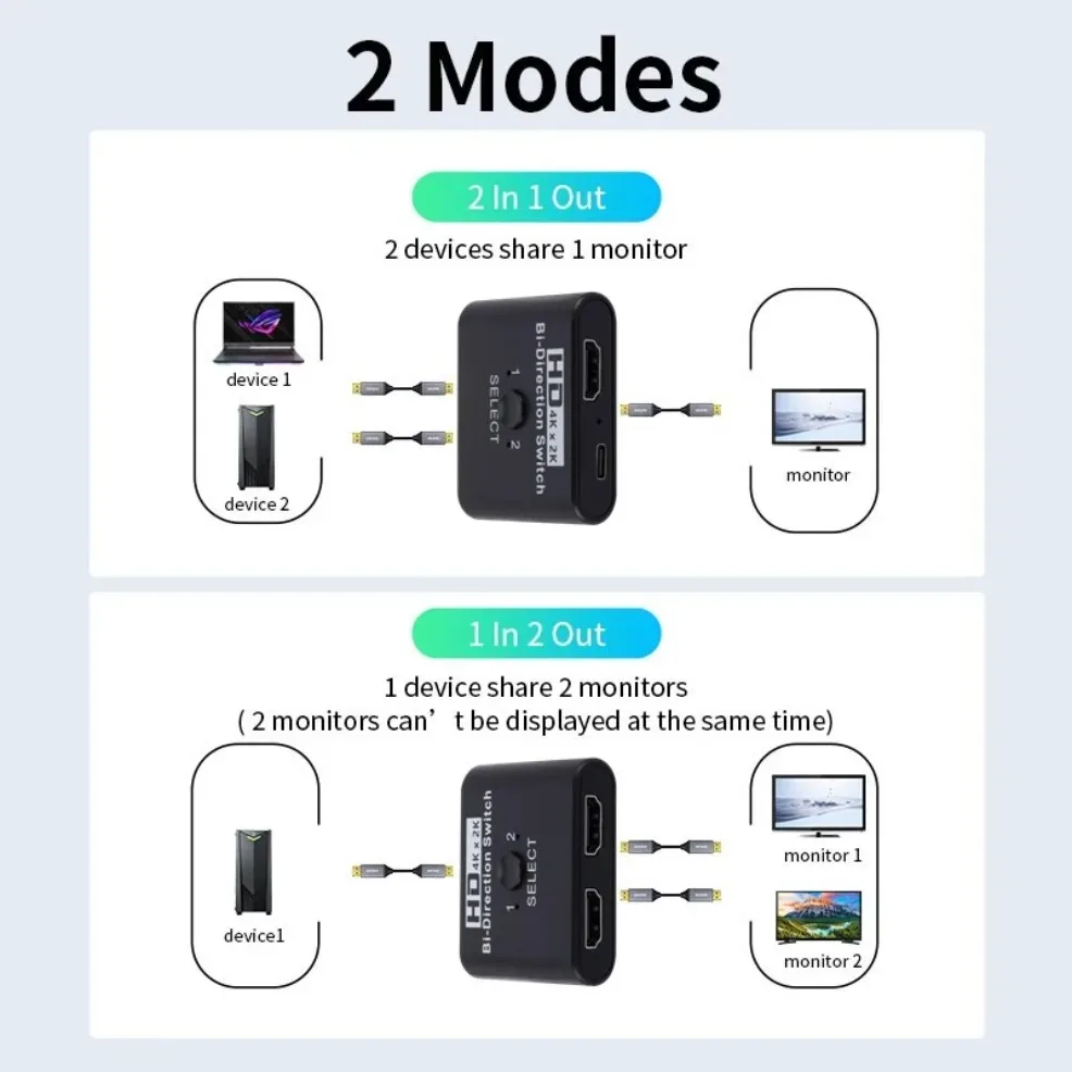 HDMI 스플리터 KVM 양방향 스위치, HDMI 호환 스위처, PS4/3 TV 박스 스위처 어댑터용, 2 in 1 Out, 8K, 60Hz, 1x2, 2x1