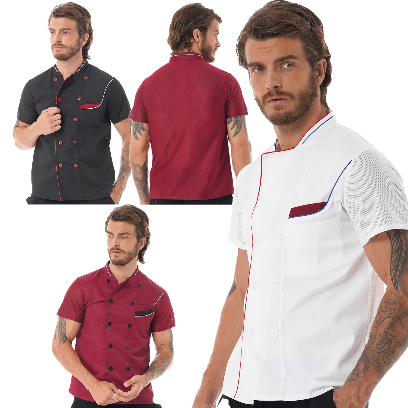 Men's Chef Jacket Short Sleeve Button Chef Coat Hotel Restaurant Kitchen Work Shirt Food Service Clothes Catering Cook Uniform