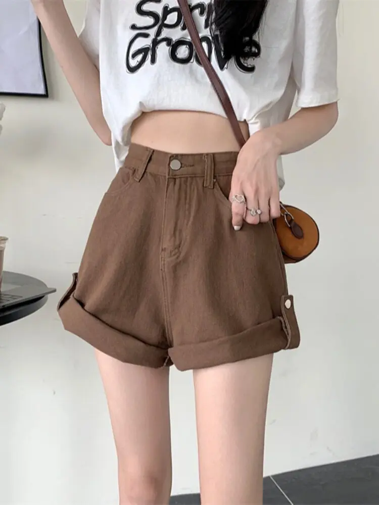

High Waist A-Line Denim Shorts Women's Spring Thin Slimming Loose Cuffed Trendy Hot Pants Summer Casual Pure Color Antibacterial