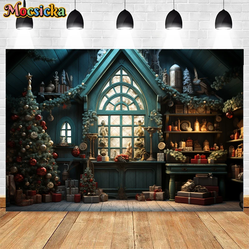 Christmas Santas Green Work Station Backdrop Kids Adult Photogrpahy Props Child Baby Photocall Xmas Trees Decors Background