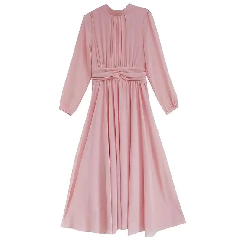 Elegantes Boho-Damenkleid mit O-Ausschnitt, schmaler elastischer Taille, A-Linie, Midikleid, Batswing, langärmelig, lässig, Urlaub, Büro, Damen-Vintage-Kleid