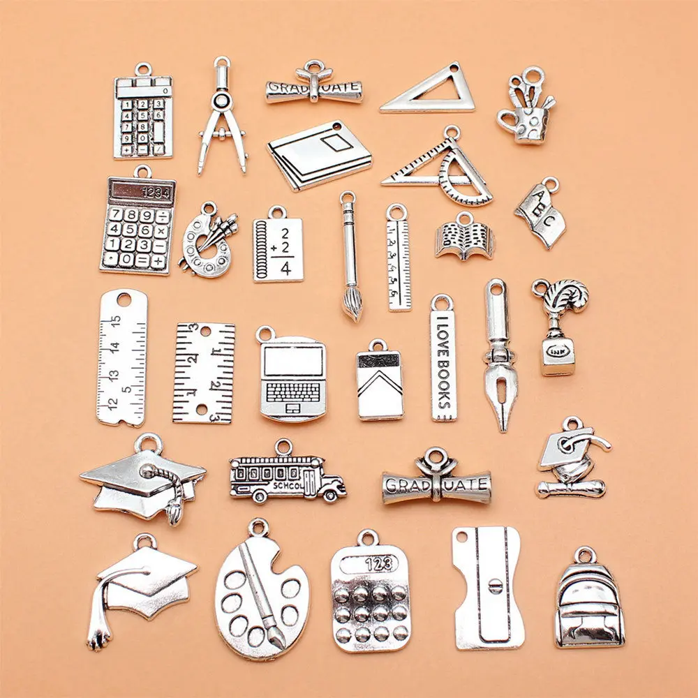 30pcs/lot School Supplies Ruler Pen Holder Book Calculator Pen Ink School Bag Graduation Cap Charms Collection For Jewelry